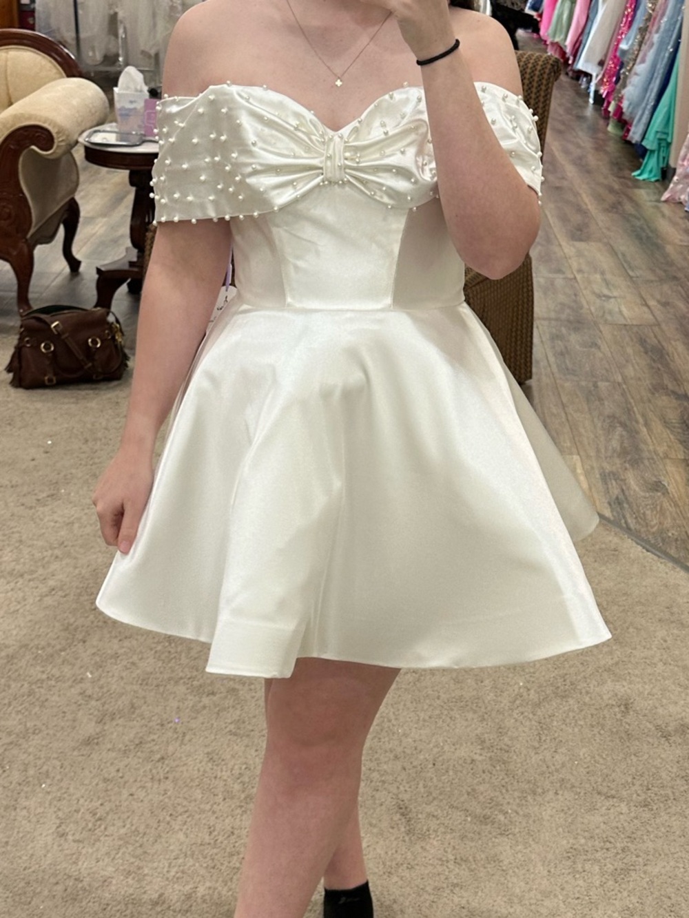 Sophia Thomas Off-Shoulder Pearl Bow Mini Dress in White